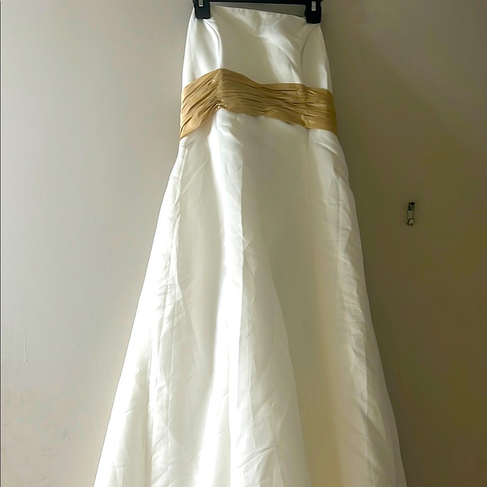 Elegant White Gown with Gold Accent, Wedding, Prom Dress, size, 8, 10, and 12